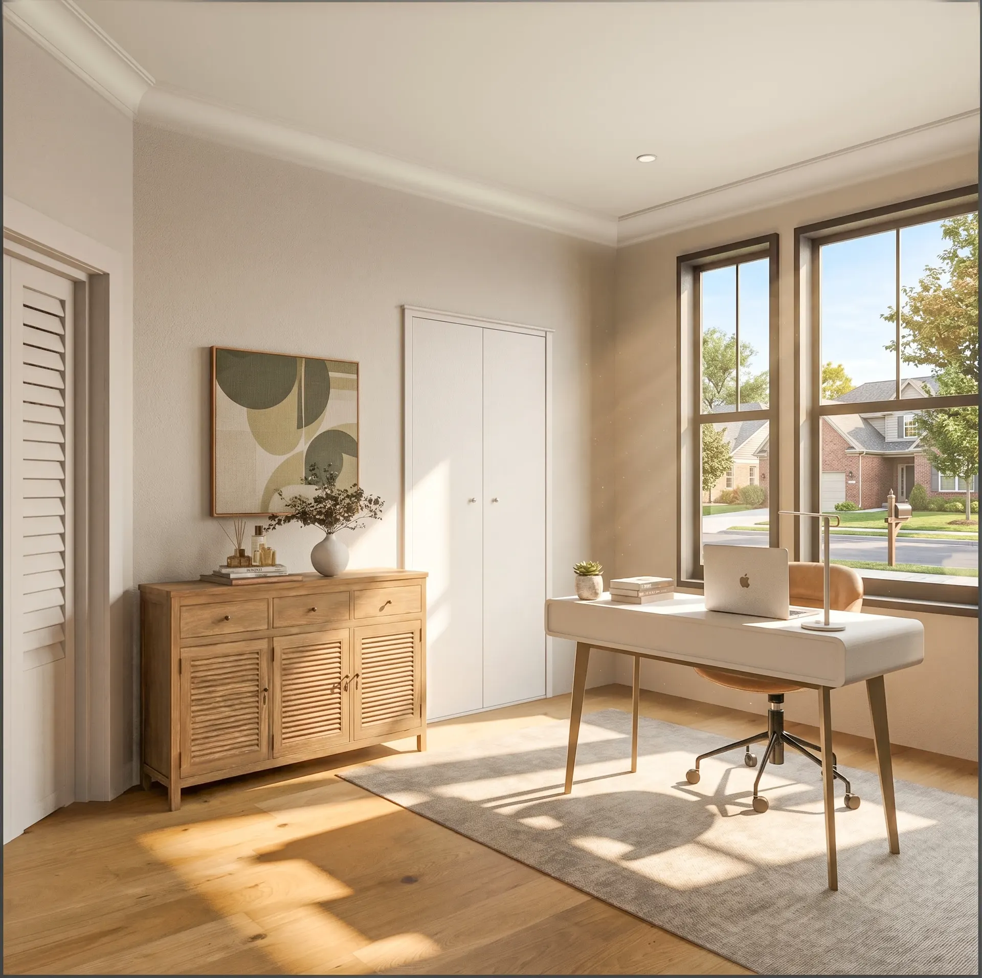 Second bedroom set up as a workspace with a desk and shelving