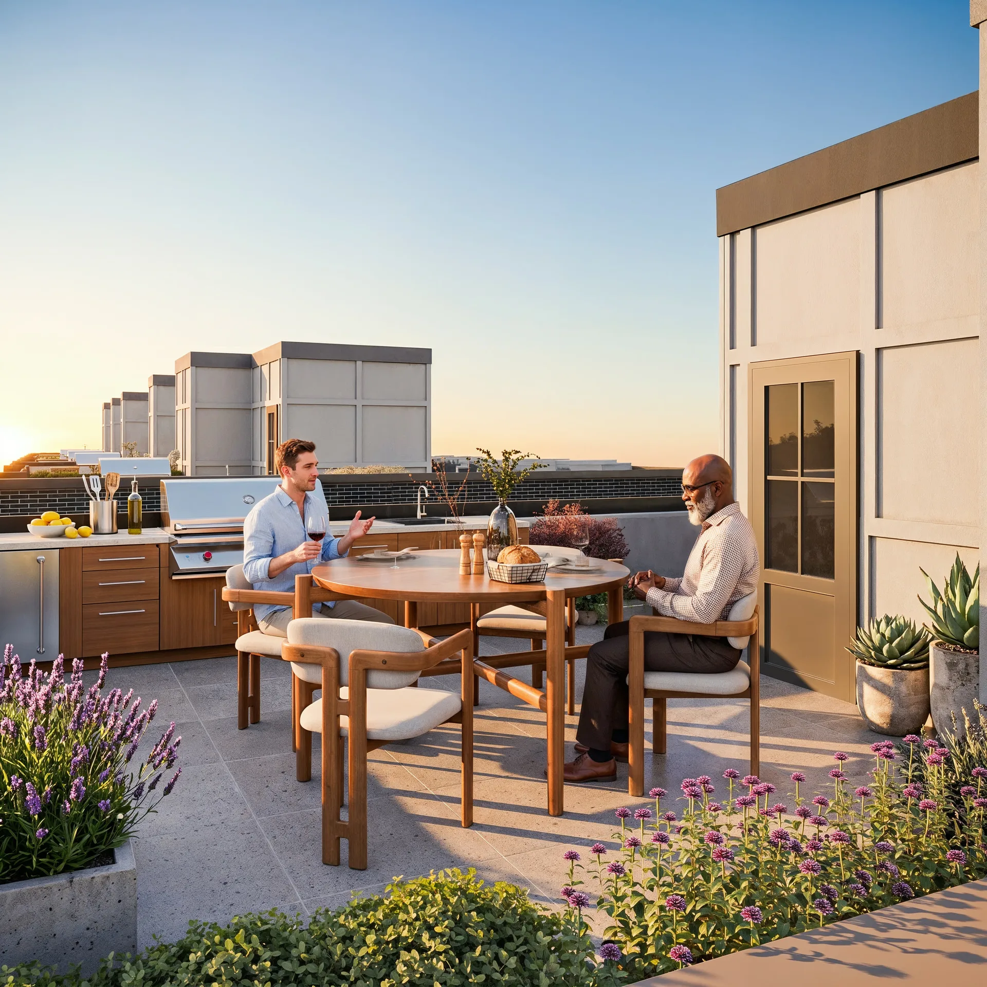 Rooftop terrace at sunset with an outdoor kitchen, grill and dining table