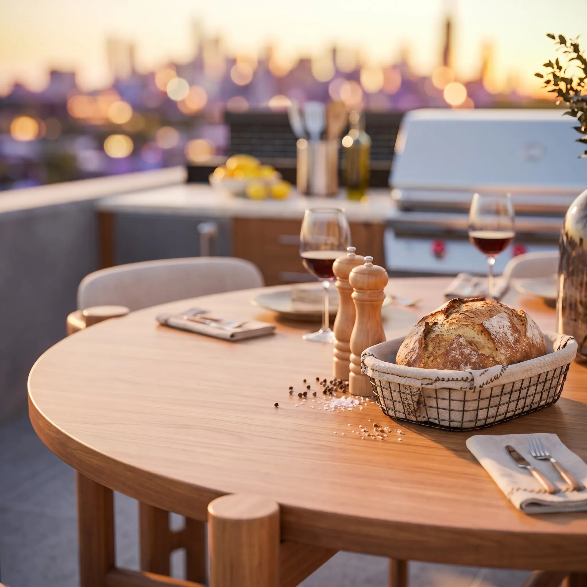 Rooftop table at dusk with the Norfolk skyline lit behind it