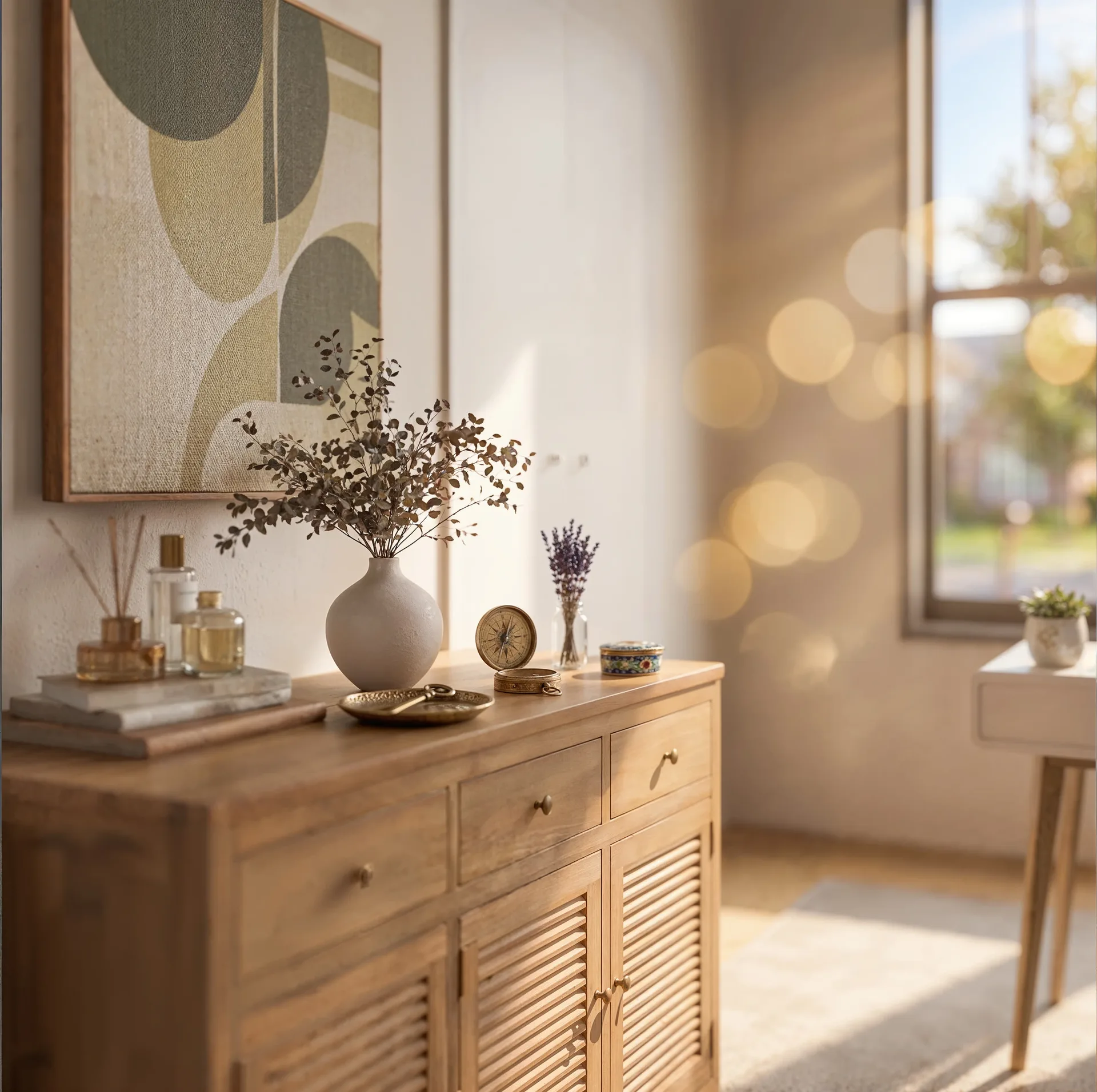 Flex room detail with a sideboard, artwork and a desk by the window