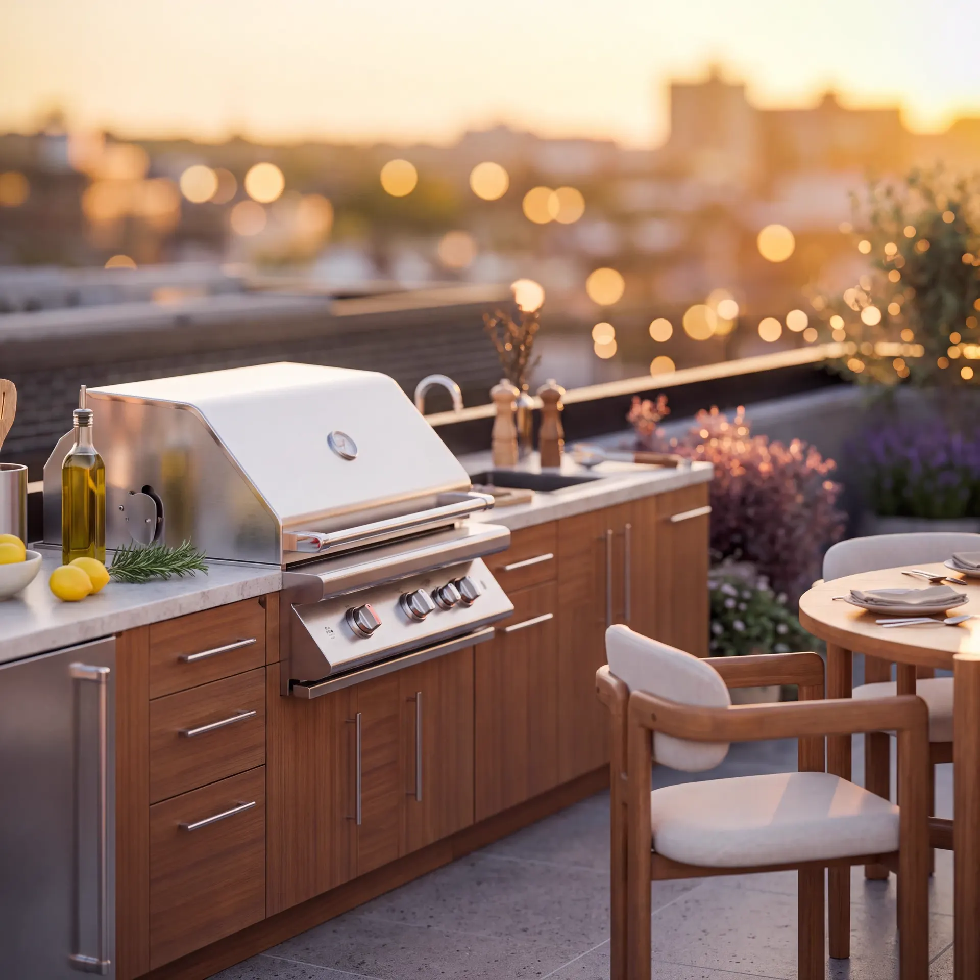 Rooftop terrace with an outdoor kitchen and a dining table